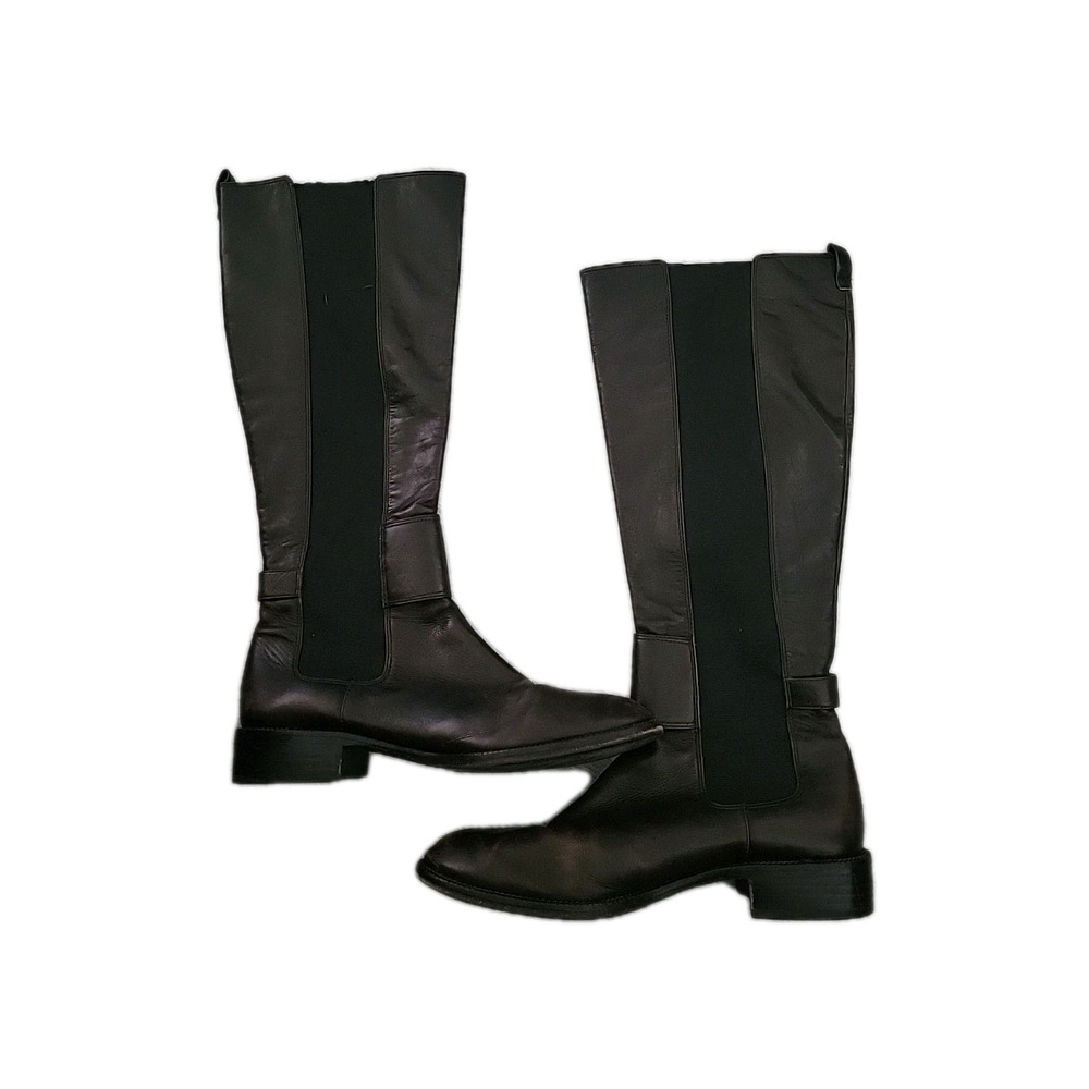 VIA SPIGA Italian Made Tall Black Leather Riding Style Boot Buckle 9 M Elastic